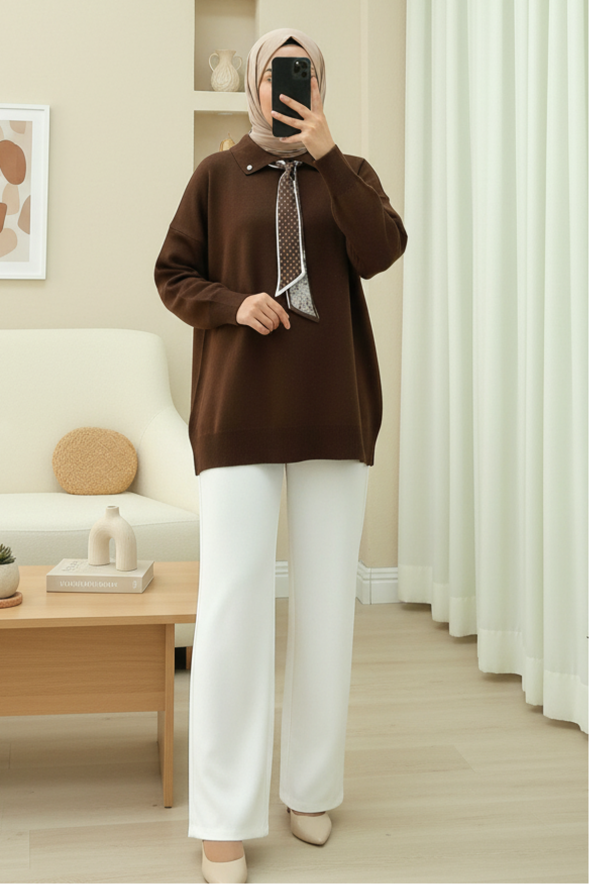 Polo Neck Scarf and Slit Loose Knit Tunic -Brown