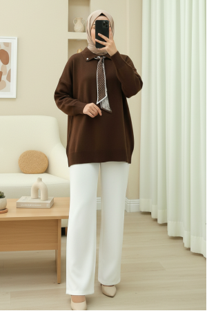 Polo Yaka Fularlı Yırtmaçlı Salaş Triko Tunik  -Kahve