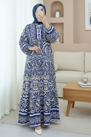 Yarım Düğmeli Dik Yaka Parçalı Elbise -Koyu Mavi