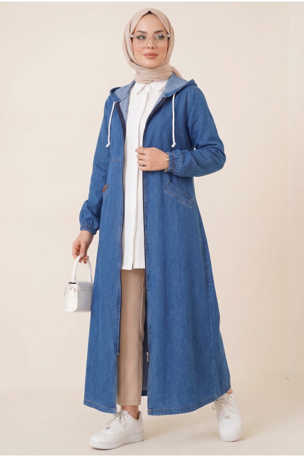 Side Pockets Elastic Sleeve Hooded Denim Cap -İndigo