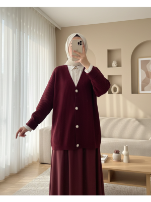 Düğmeli Fitilli  Triko Hırka   -Bordo