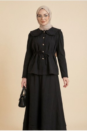 Bebe Yaka Bağcıklı Düğmeli Etekli Astarlı Keten Takım  -Siyah