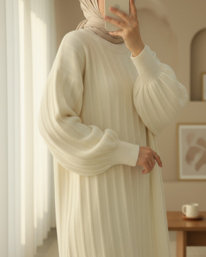 Soft Knit Tunic with Ribbed Slits -Cream color