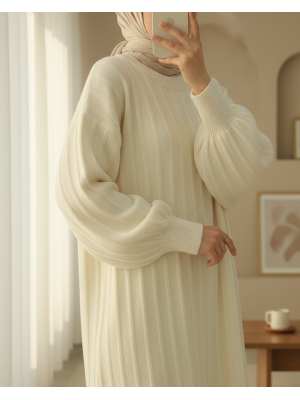 Fitilli Yırtmaçlı Yumoş Triko Tunik -Krem