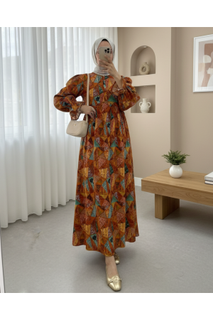 Yarım Düğmeli Beli Bağcıklı Desenli Elbise  -Turuncu