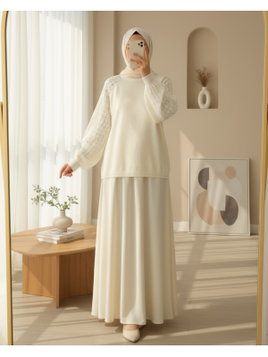  Kolları Ajurlu kadın Triko Kazak      -Krem