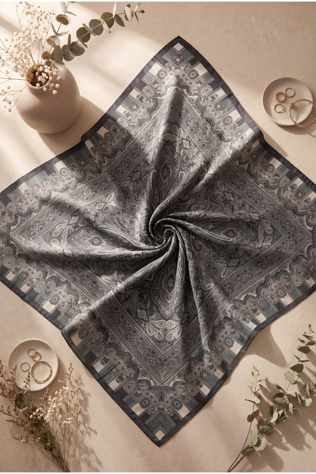 Authentic Patterned Cotton Scarf  -dark lacquer