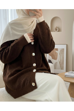 Önü Düğmeli Sakallı Salaş Triko Hırka -Kahve