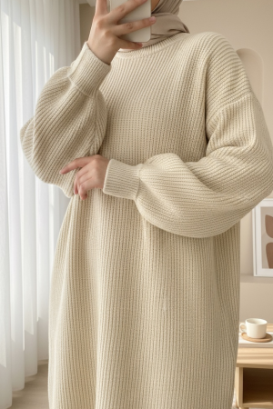  Yuvarlak Yaka Salaş Triko Tunik -Açık Vizon