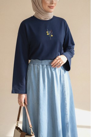 Round Neck Loose Fit Jersey Blouse with Floral Embroidery on the Front -Navy blue