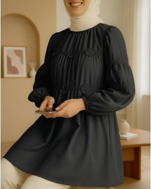 Poplin Tunic with Elastic Sleeves and Daisy Detail -Black