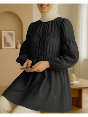 Kolları Lastikli Papatya Detaylı Poplin Tunik -Siyah