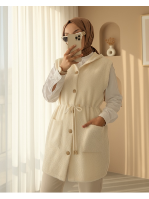 Kapşonlu Cepli Beli Bağlamalı Sakallı Yelek -Ekru