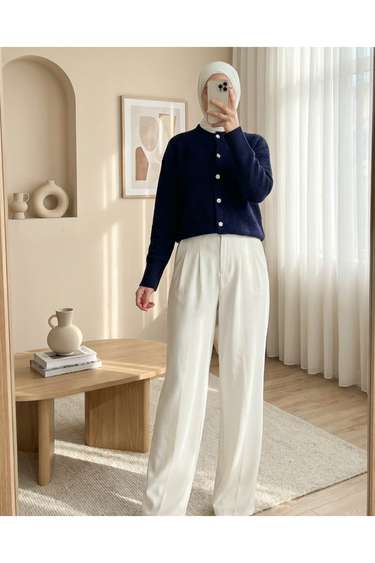 Soft, Loose Knit Cardigan with Stoned Buttons -Navy blue