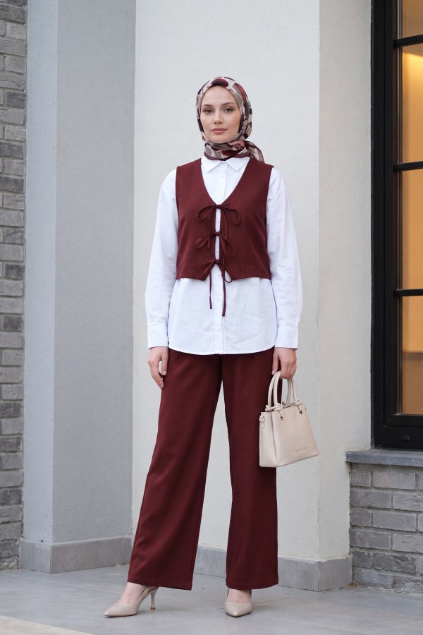 Önü Bağcıklı Yelek Pantolon İkili Keten Görünümlü Takım  -Bordo