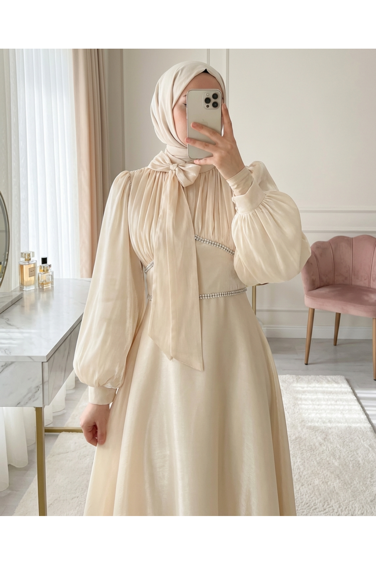 Balloon Sleeve Evening Dress with Bow Collar and Stone Detail at Waist - Beige