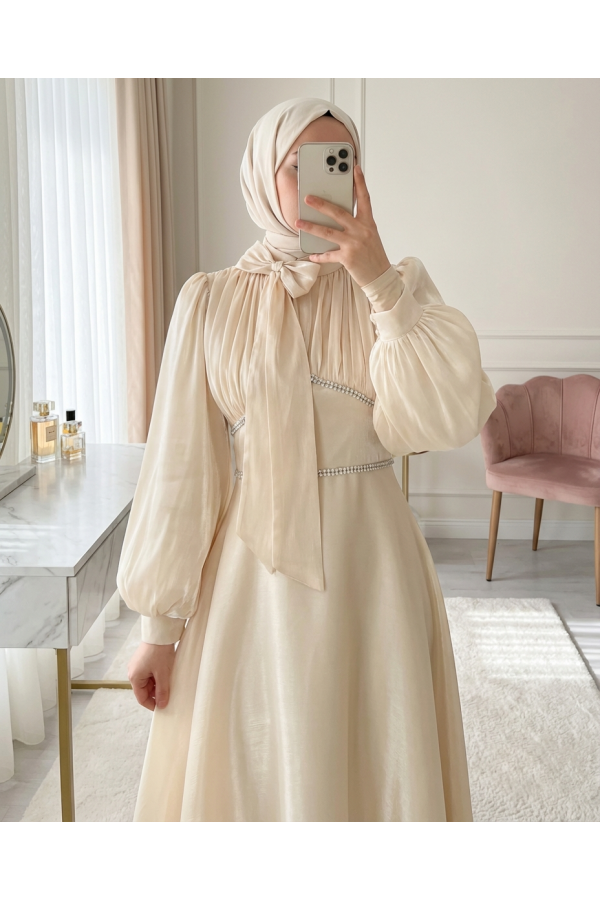 Balloon Sleeve Evening Dress with Bow Collar and Stone Detail at Waist - Beige