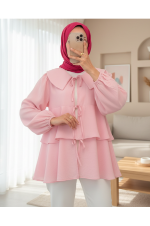 Bebe Yaka Önü Bağcıklı Eteği Katlı Kimono -Pembe