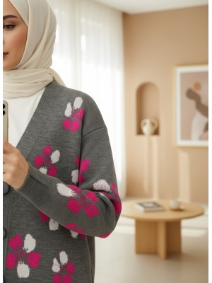 Çiçek Kabartmalı Düğmeli HIrka -Füme