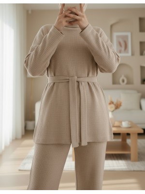 Yarım Boğazlı Kuşaklı Fitilli Takım  -Bej