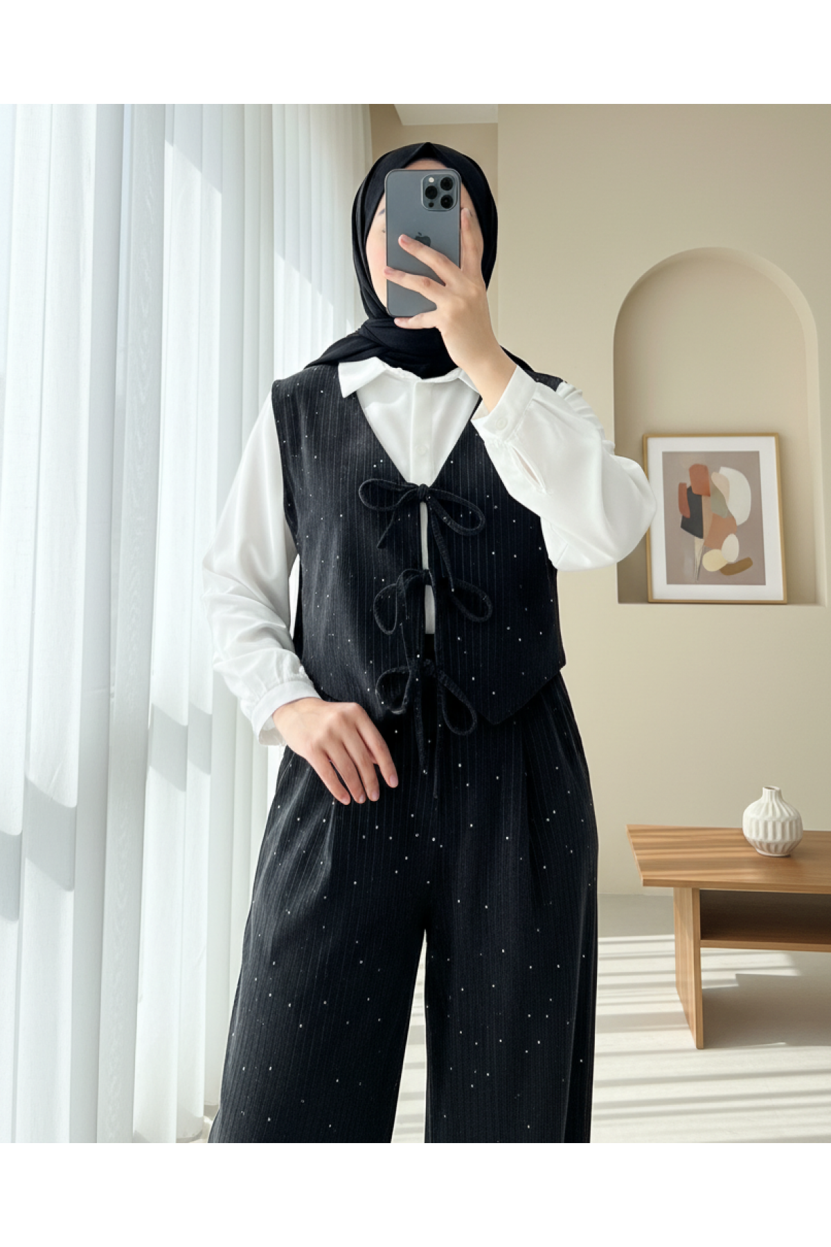 Tie-Front Vest and Trouser Velvet Set -Anthracite