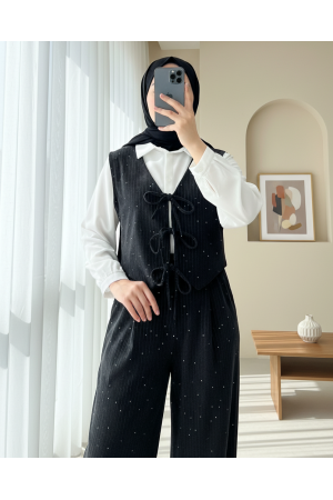 Tie-Front Vest and Trouser Velvet Set -Anthracite