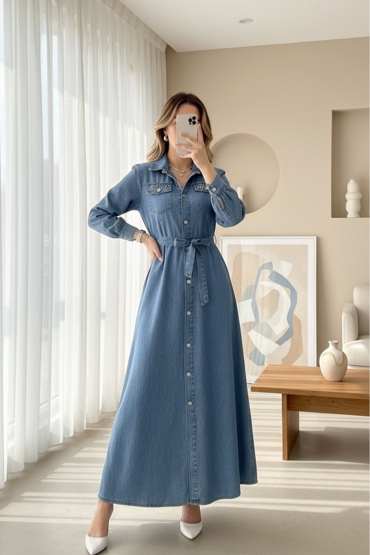 Stone Detailed Buttoned Denim Dress -İndigo
