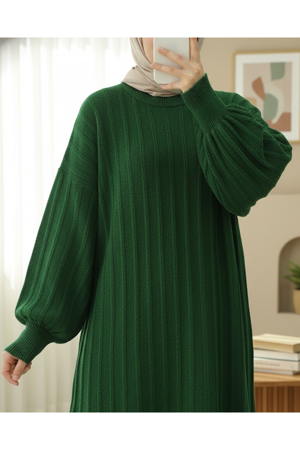 Soft Knit Tunic with Ribbed Slits -Dark green