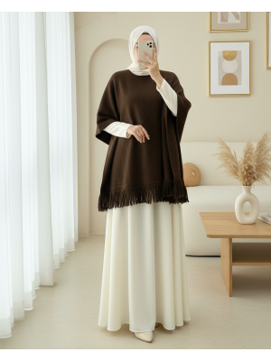 Eteği Püskül Detaylı Triko Panço  -Kahve