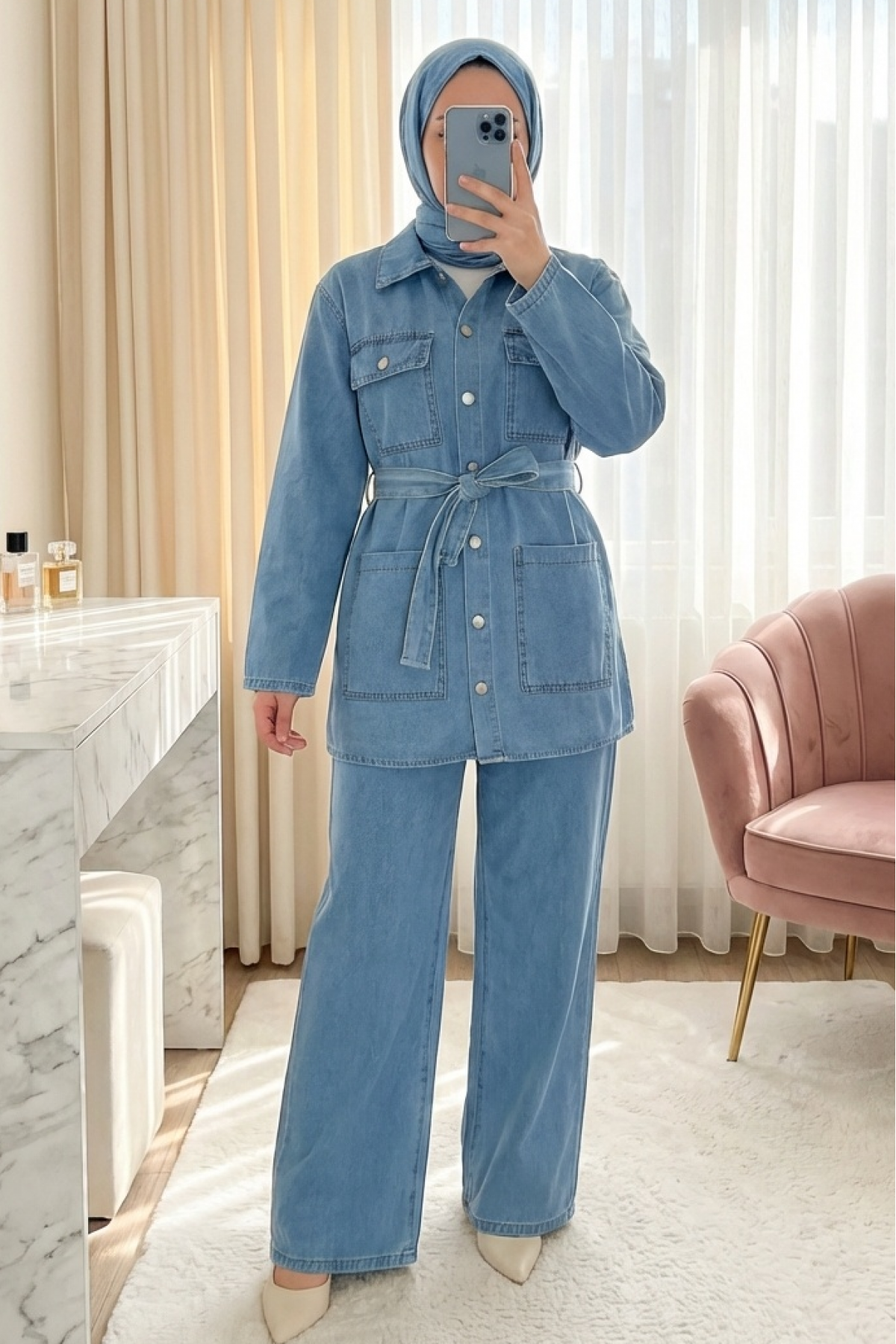 Waist Belted  Pocketed Buttoned Front Denim Suit  -Ice Blue