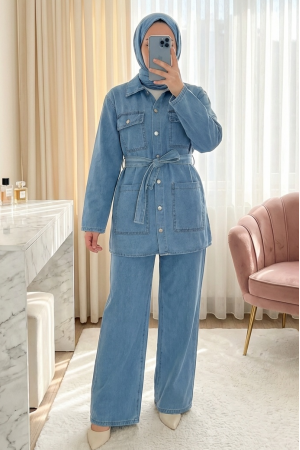 Beli Kemerli Cepli Önü Düğmeli Kot Takım  -Buz Mavi