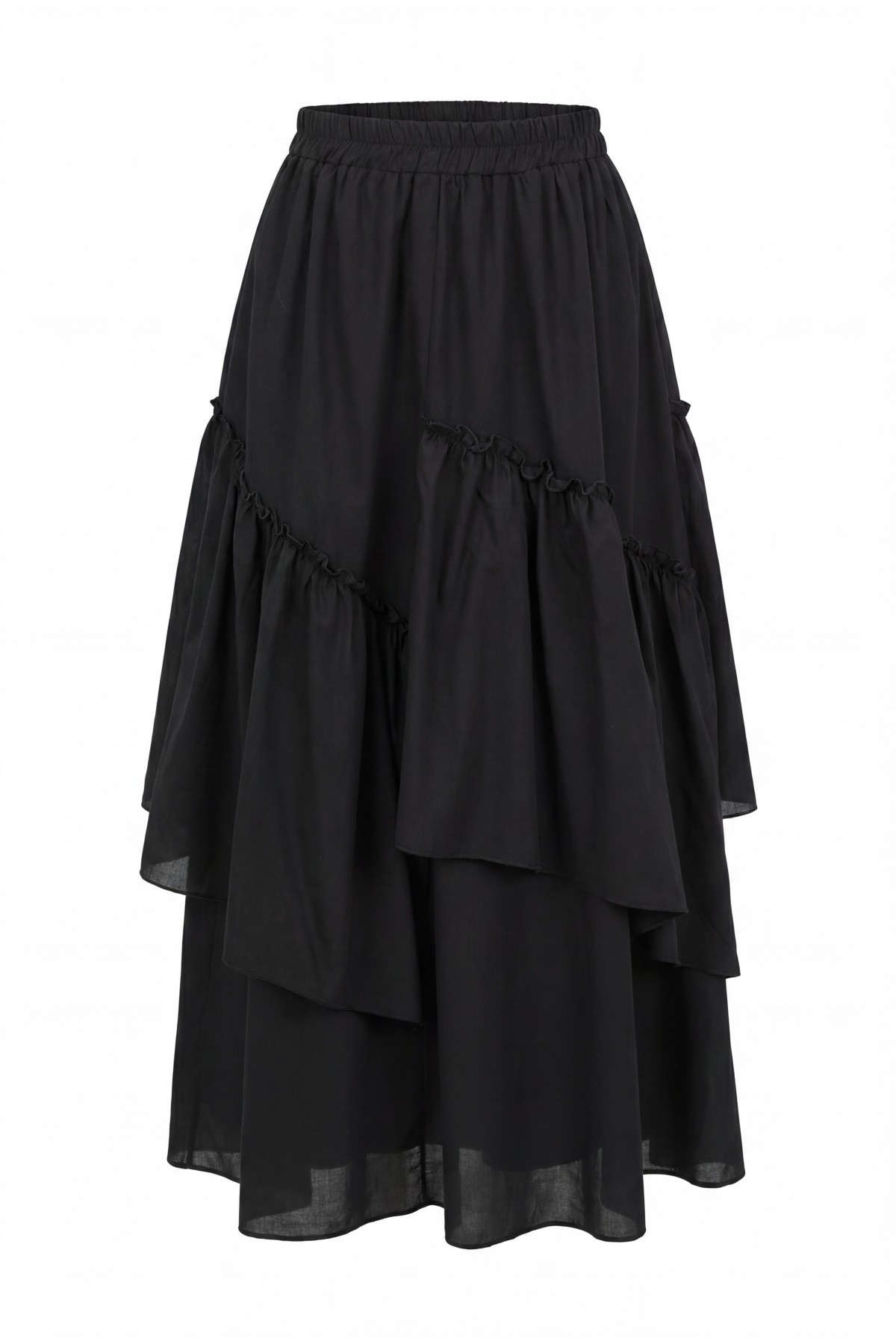 Asymmetrical, Ruffled, Lined Voile Skirt with Elastic Waistband -Black