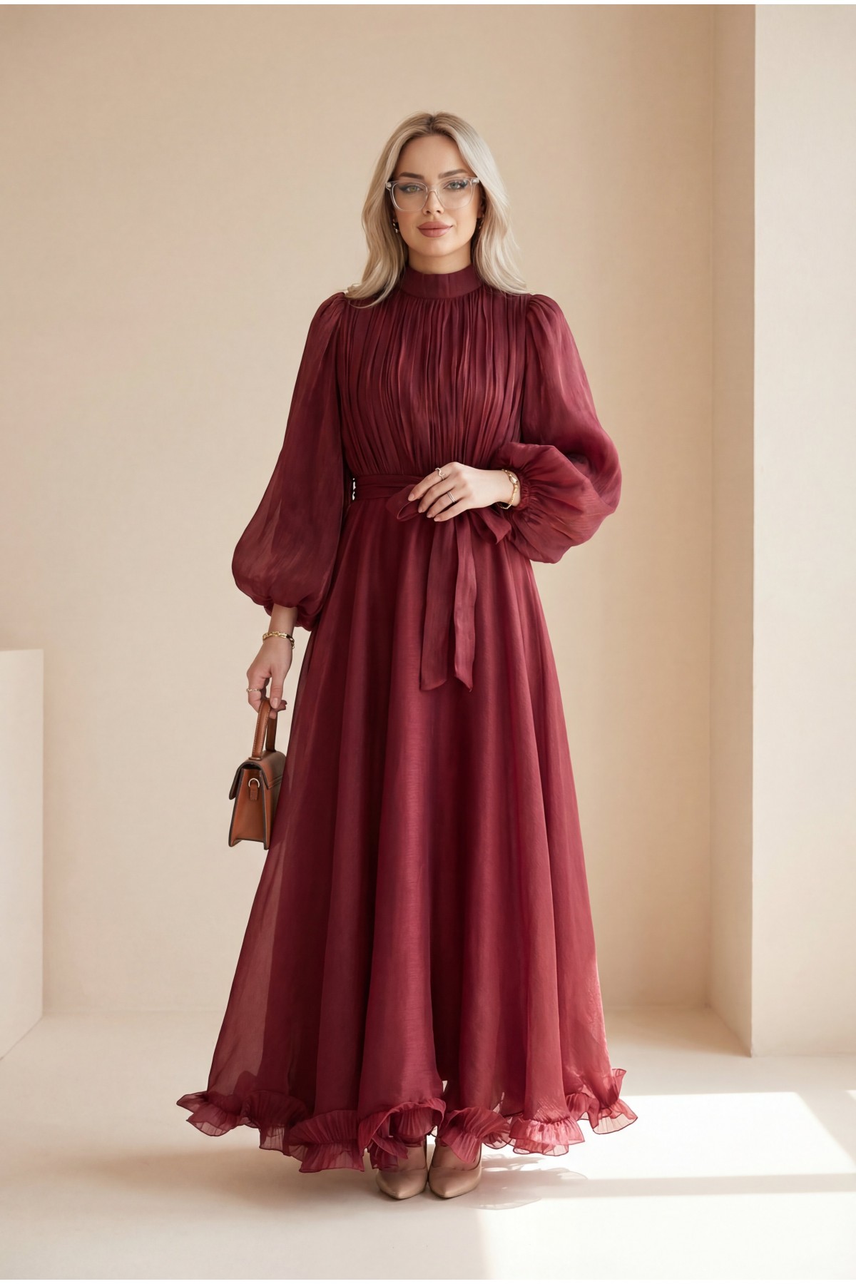 Shimmering Chiffon Dress with Ruffled Skirt and Belt -Maroon
