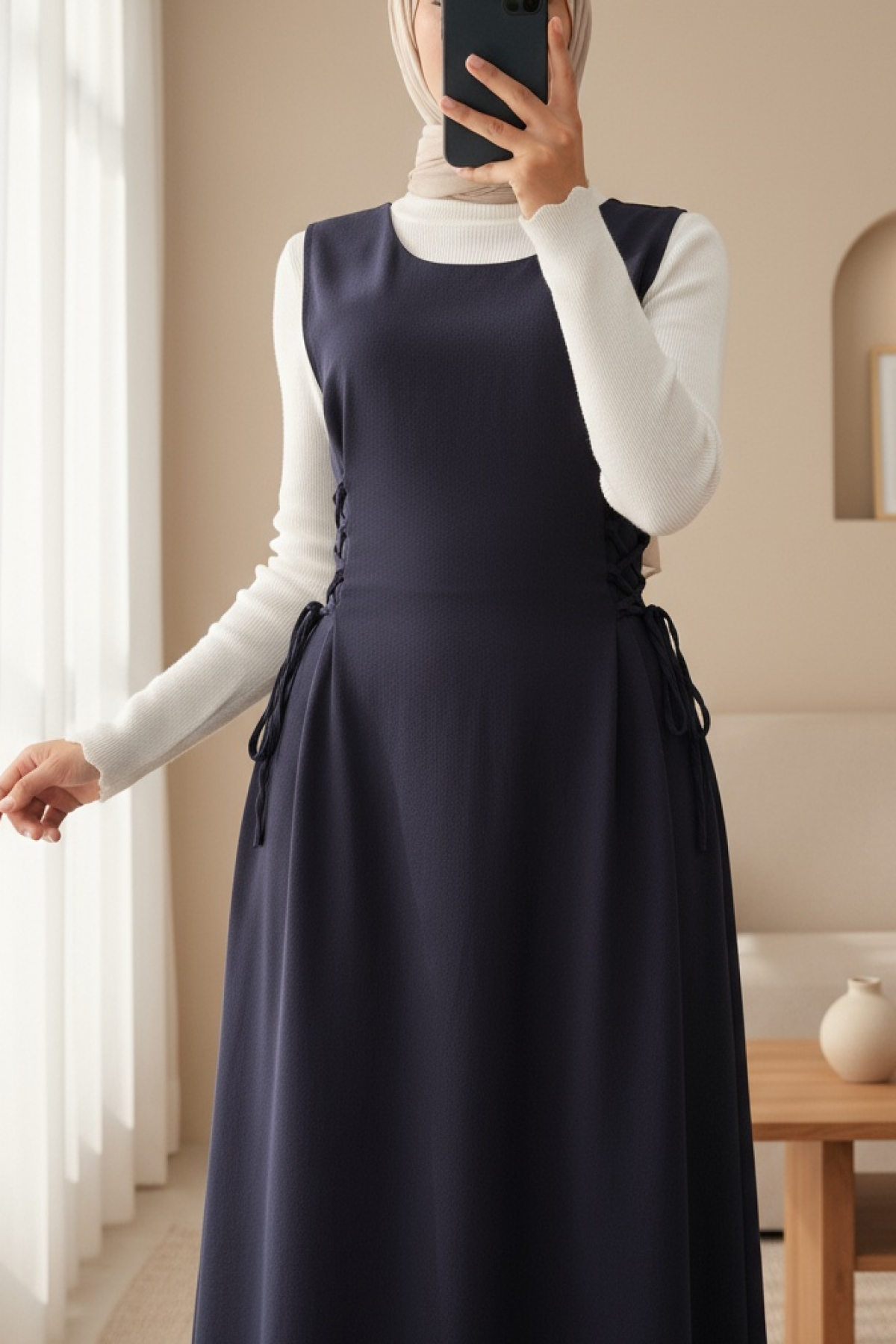 Side Tie Double Fabric Vest -Navy blue