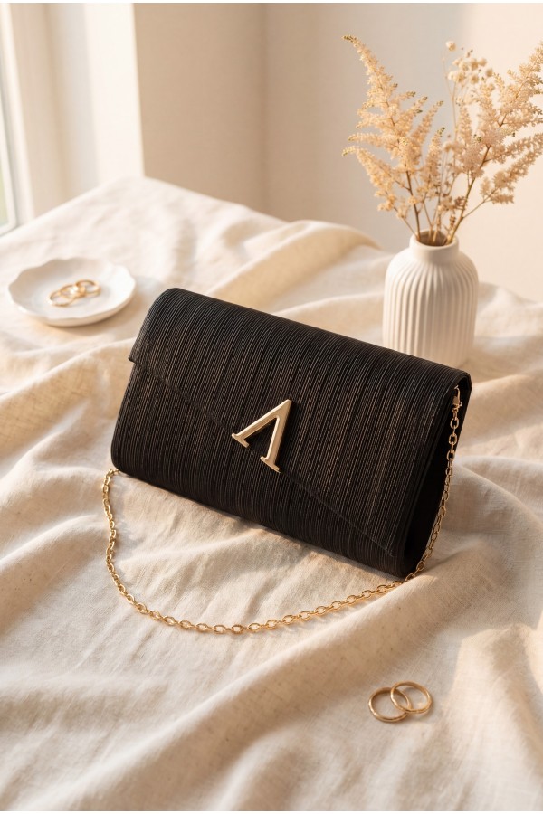 Geometric Buckle, Thin Chain, Glittery Evening Bag -Black