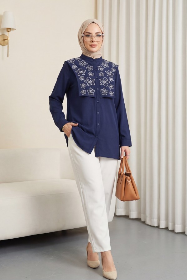Plastron Detailed Embroidered Poplin Shirt -Navy blue