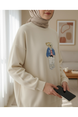 Teddy Bear Embroidered Long Back Knitted Sweater -Cream color