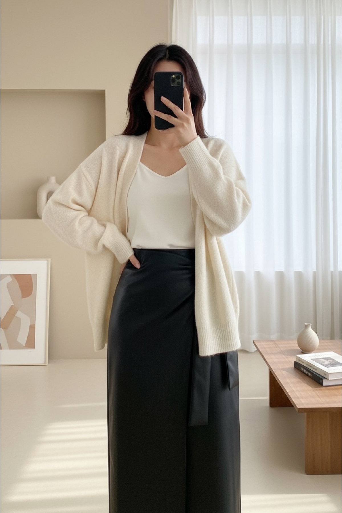 Double Layered Leather Skirt with Side Tie Front -Black