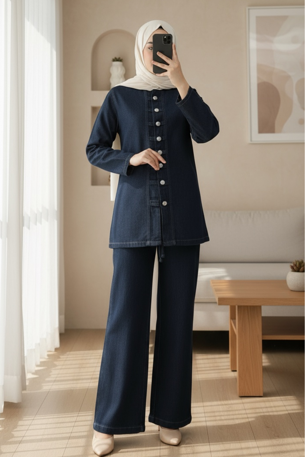 Button-Front Trouser Denim Suit -Navy blue