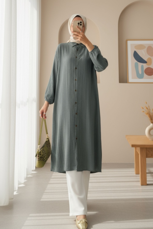 تونيك طويل مجعد برقبة بأزرار وأكمام مرنة   -لون مدخن