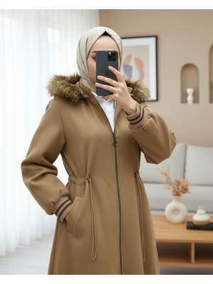 Kapşonlu Beli Lastikli Cepli Kaşe Kaban -Taba