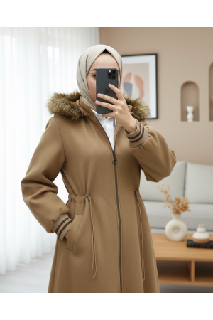 Kapşonlu Beli Lastikli Cepli Kaşe Kaban -Taba