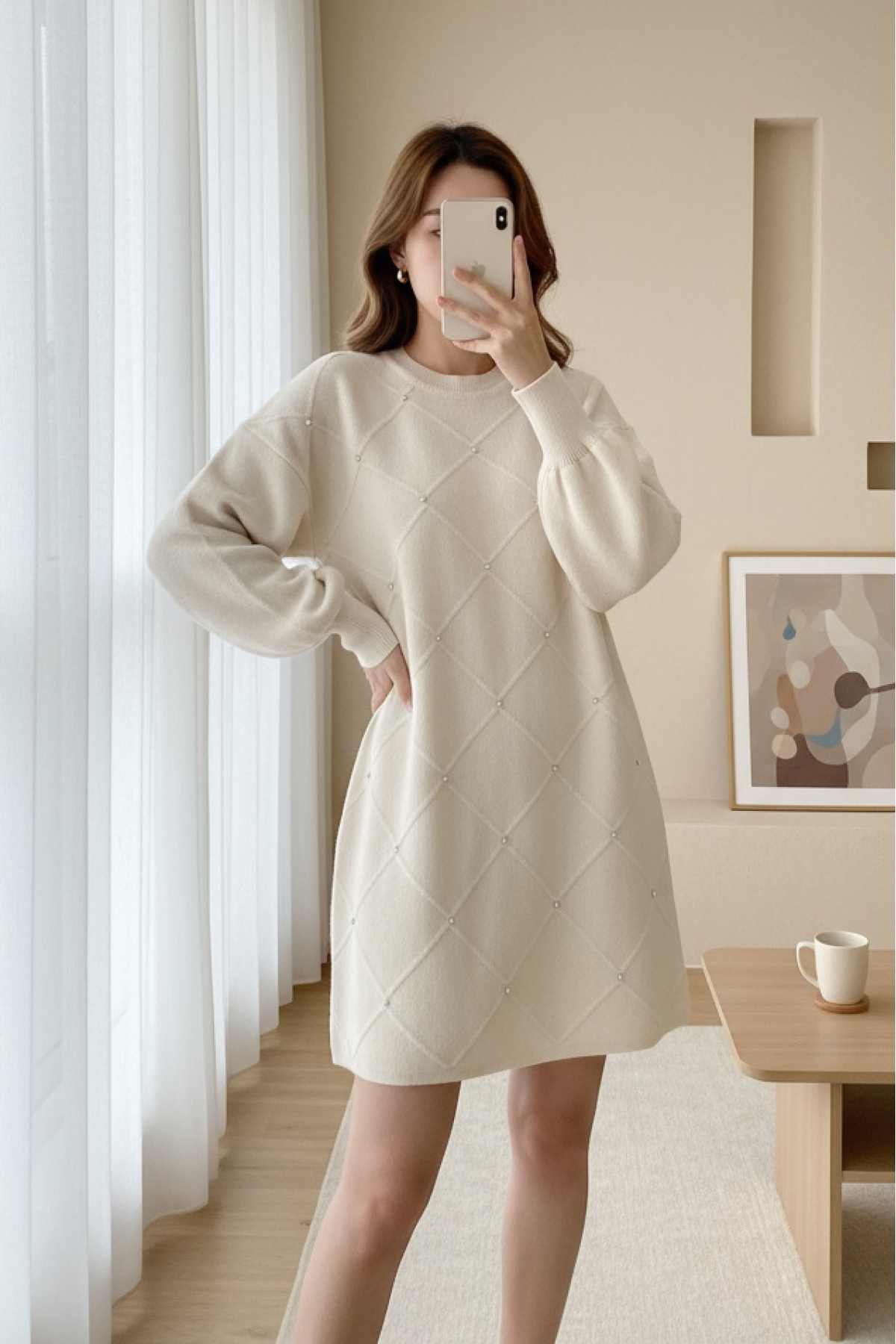 Square Patterned Knit Tunic with Stone Details -Cream color