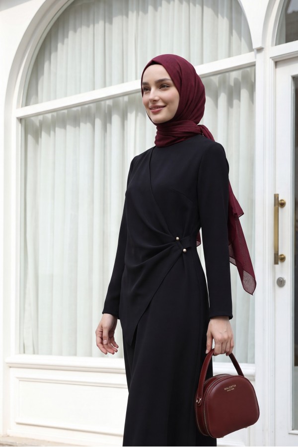 Cross Buckle Round Neck Imported Crepe Dress -Black