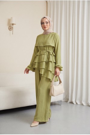 Asymmetrical Layered Detail Lace-Up Trousers Lined Cupra Set -LIGHT GREEN
