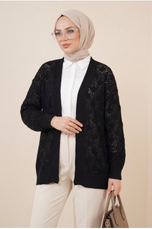 Desenli Araboy Örme Triko Hırka -Siyah