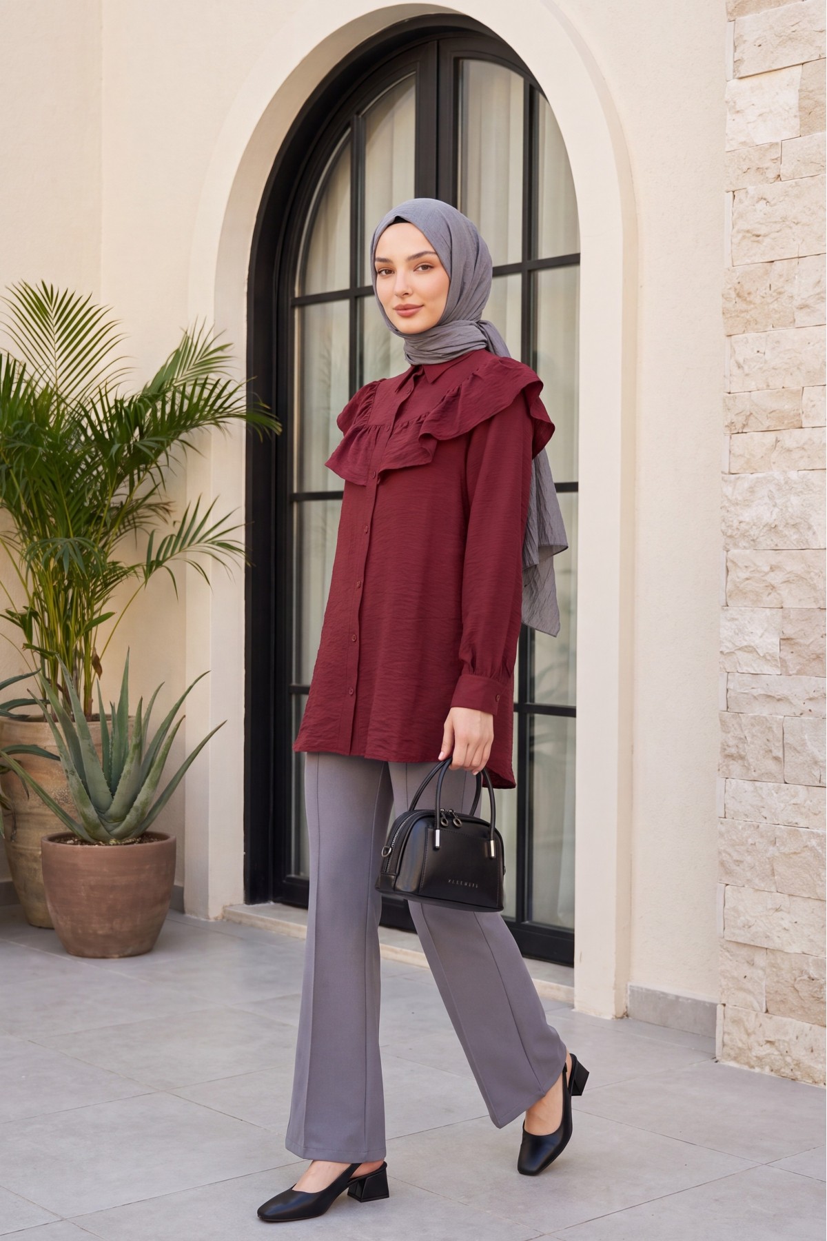 Ruffled Buttoned Rayon Tunic from the Waist -Maroon
