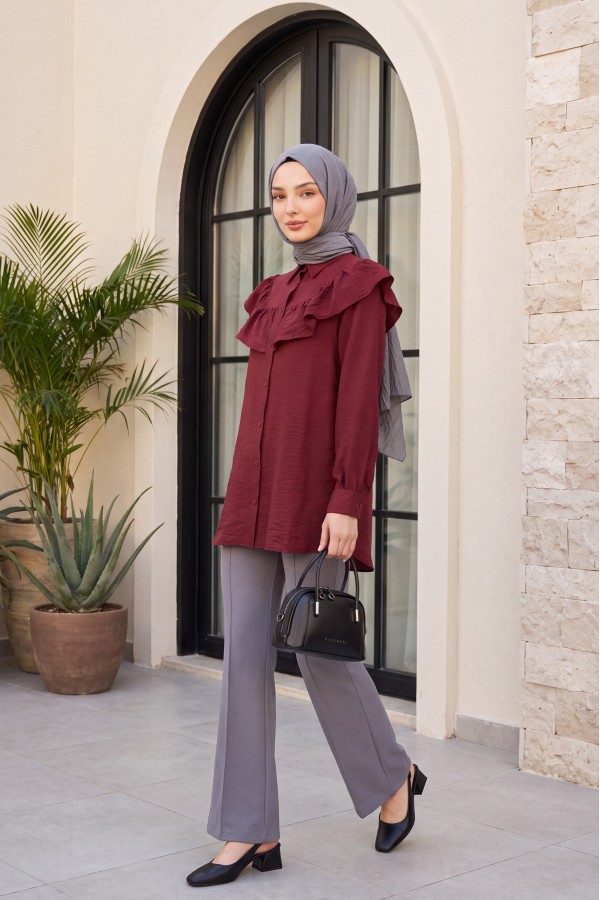 Robadan Fırfırlı Düğmeli Rayon Tunik -Bordo