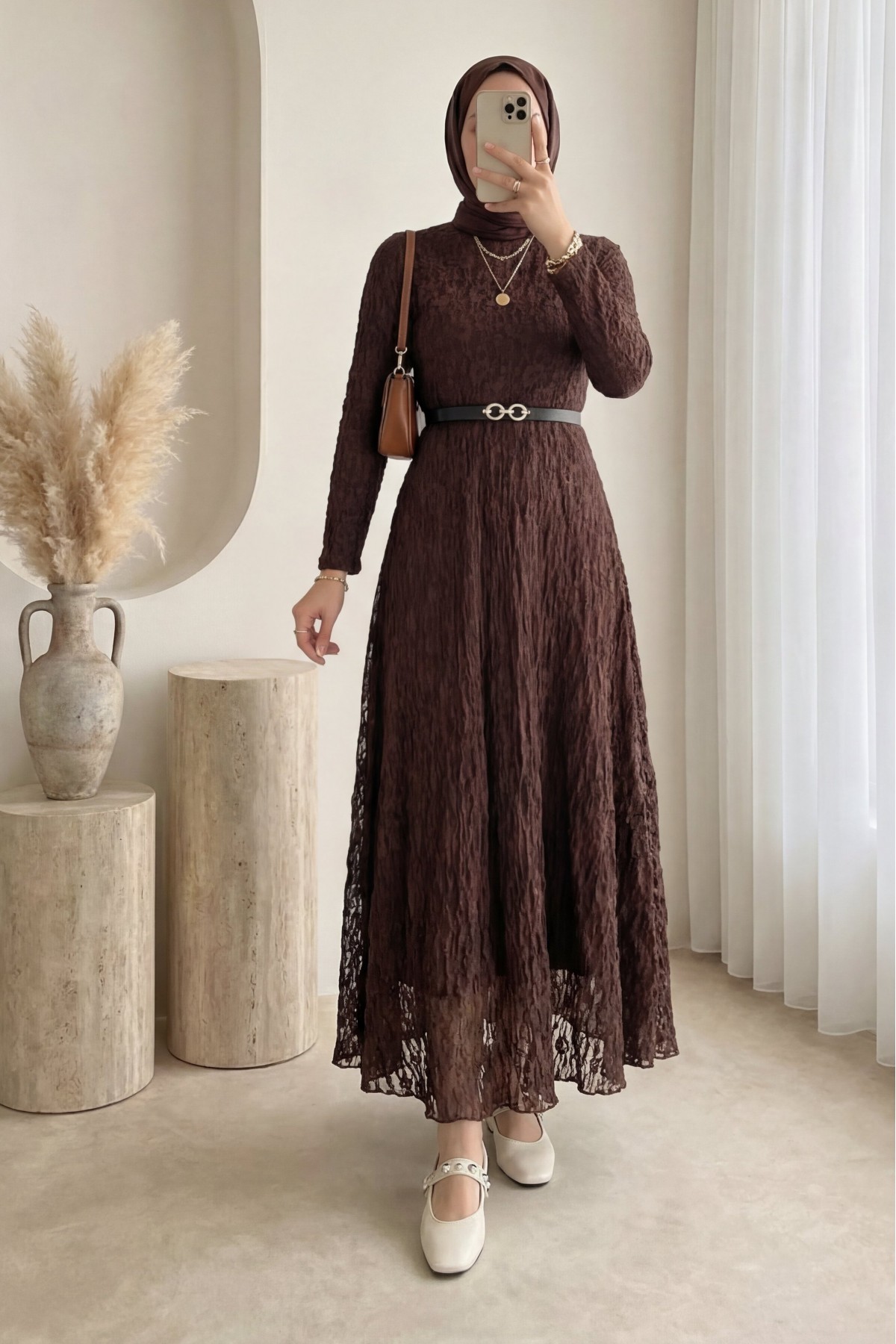 Belted Lined Guipure Lace Dress -Dark Coffee