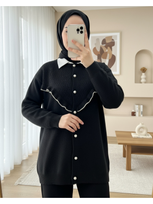 Önü Fırfırlı İncili Düğmeli Triko Hırka -Siyah